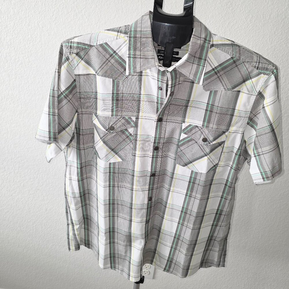 BOSSINI CONTEMPORARY FIT MENS XL GRAY, GREEN AND WHITE PLAID SHORT SLEEVE SHIRT
